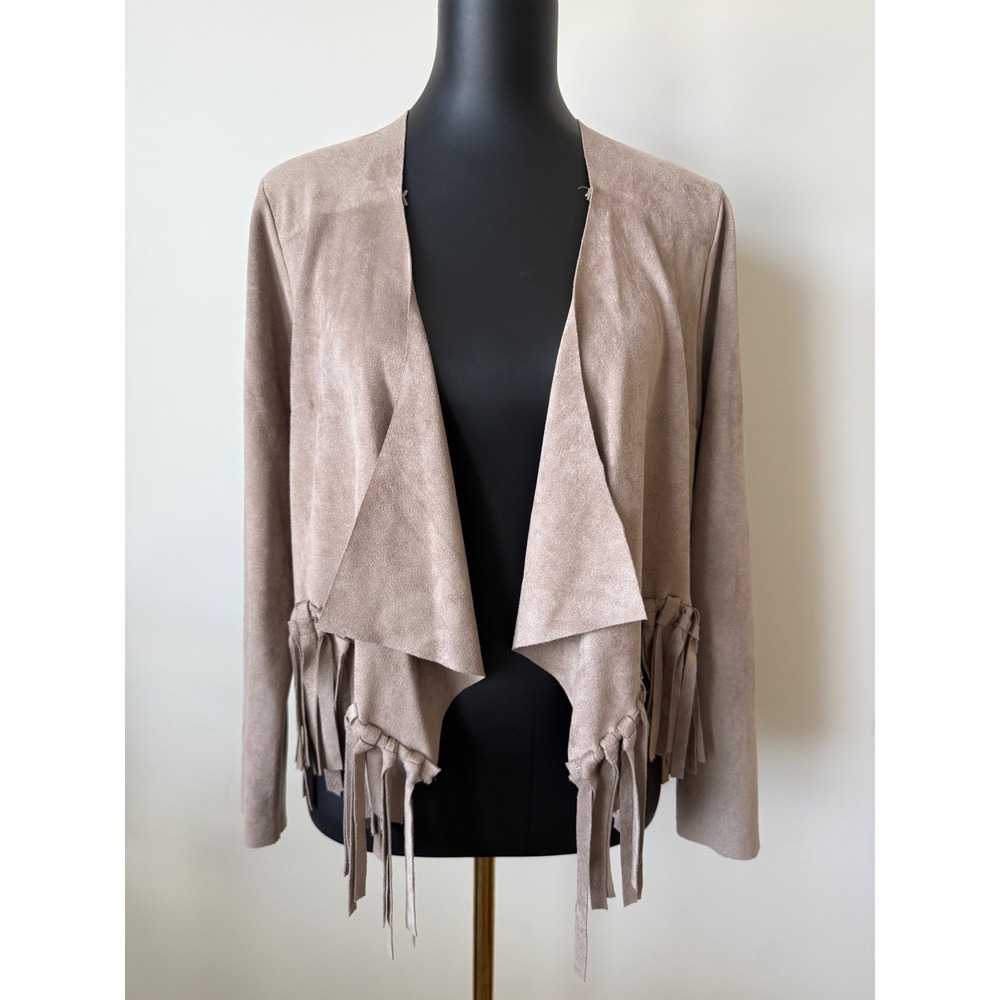ILLA ILLA Women Taupe Faux Suede Fringe Draped Open Front Jacket Small Boho